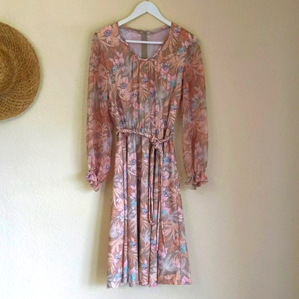 Vintage Floral Print Long Sleeve A Line Midi Dress